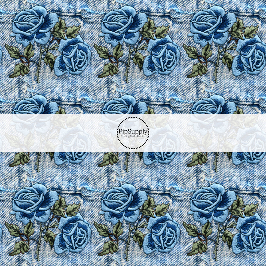 These spring fabric by the yard features embroidered rose flowers on denim pattern. This fun pattern fabric can be used for all your sewing and crafting needs!