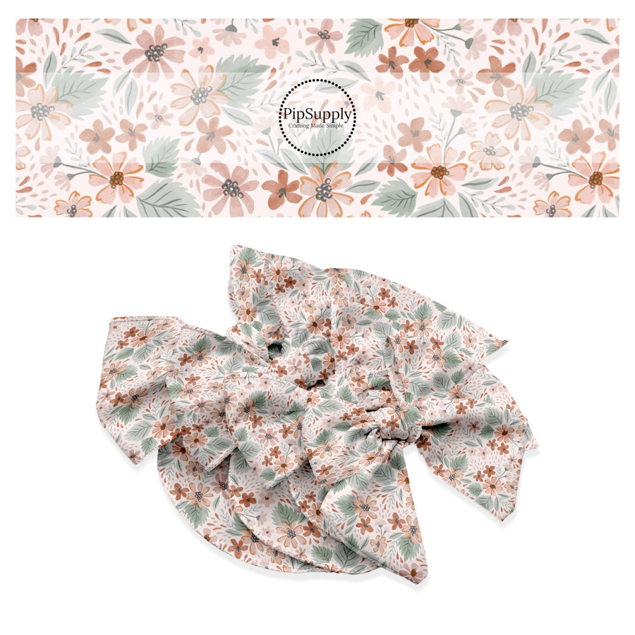 These spring floral pattern themed no sew bow strips can be easily tied and attached to a clip for a finished hair bow. These patterned bow strips are great for personal use or to sell. These bow strips features bohemian flowers on cream.