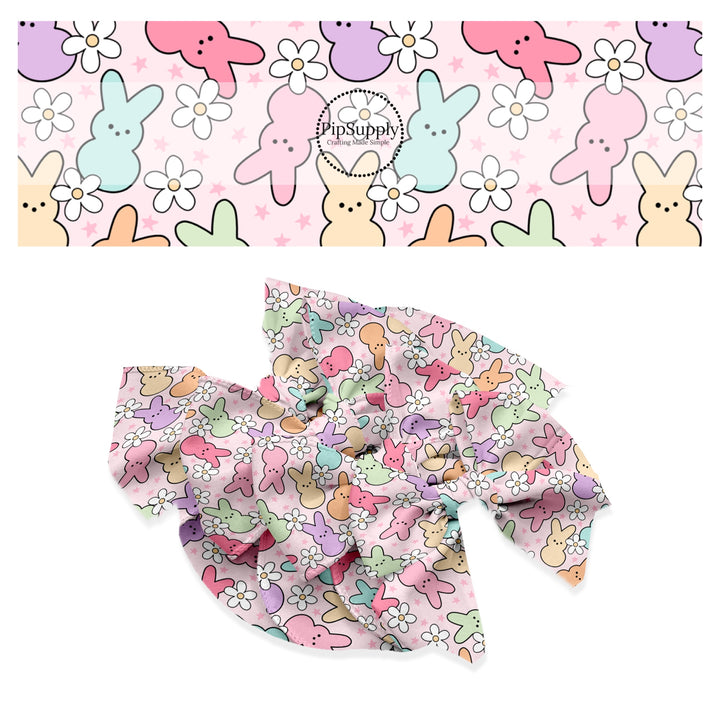 These spring pattern themed no sew bow strips can be easily tied and attached to a clip for a finished hair bow. These patterned bow strips are great for personal use or to sell. These bow strips features bright colored bunnies surrounded by white daisies and tiny stars on light pink.