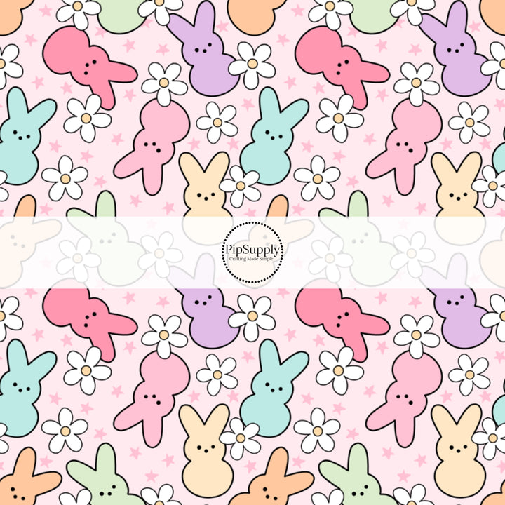 These spring patterned headband kits are easy to assemble and come with everything you need to make your own knotted headband. These kits include a custom printed and sewn fabric strip and a coordinating velvet headband. This cute pattern features bright colored bunnies surrounded by white daisies and tiny stars on light pink.