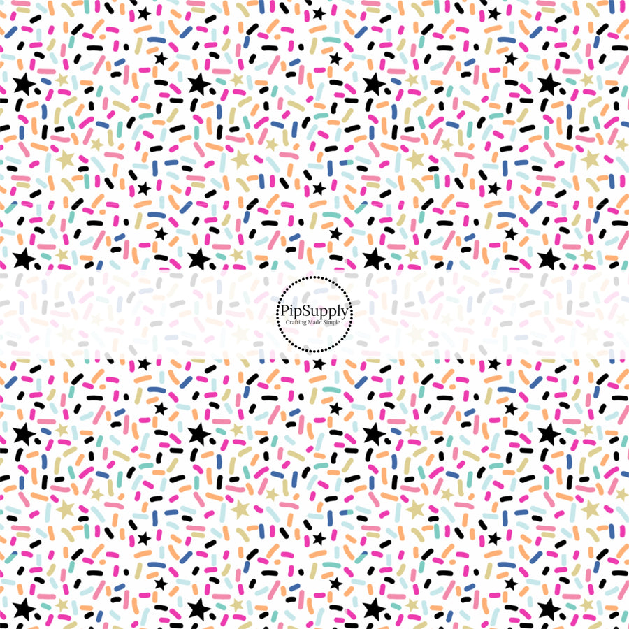 This sprinkle fabric by the yard features colorful confetti sprinkles. This festive pattern fabric can be used for all your sewing and crafting needs!