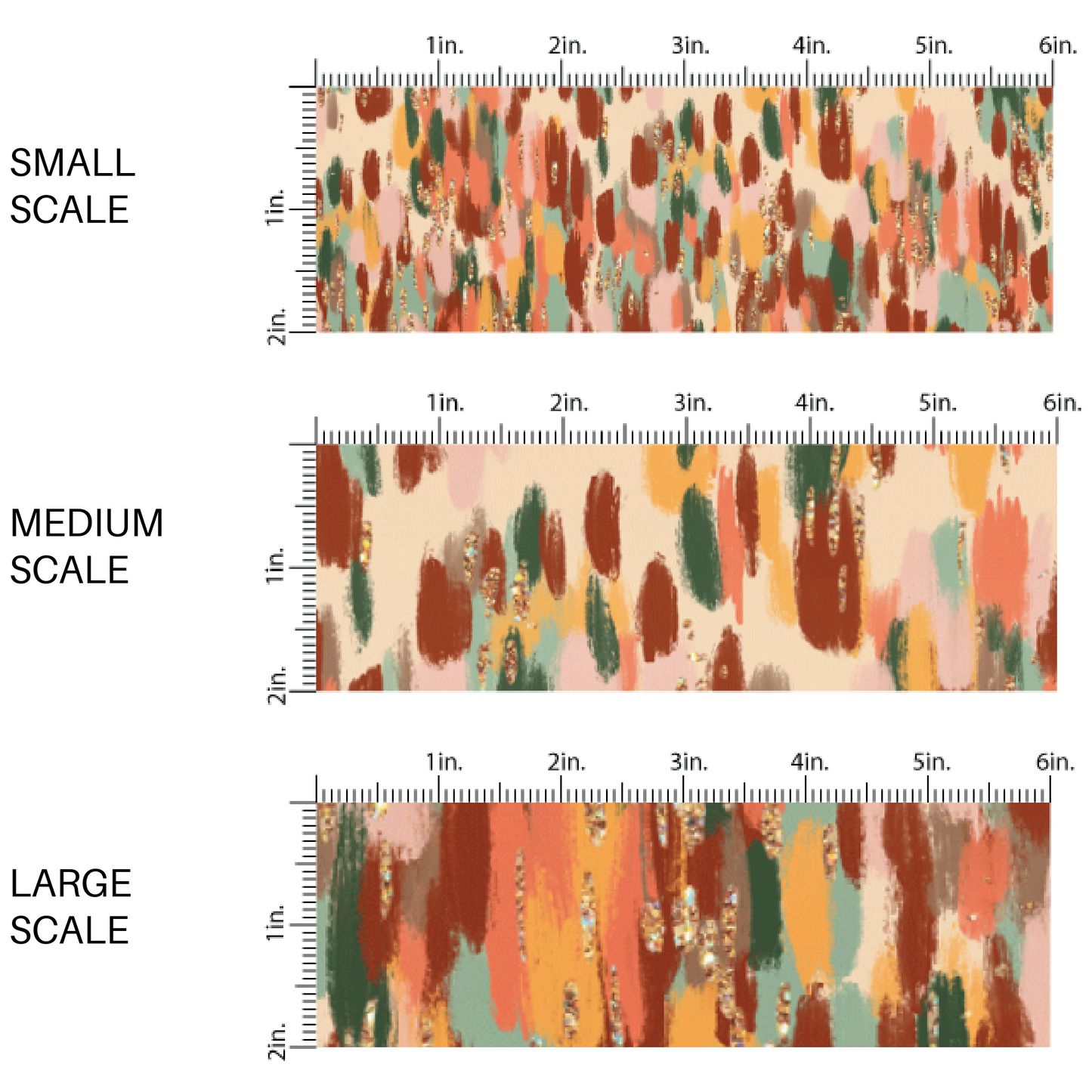 This scale chart of small scale, medium scale, and large scale of these fall dot themed neutral fabric by the yard features small splatter dots in brown, cream, orange, peach, light pink, mint, and dark green along with tiny cream and gold dots. This fun fall themed fabric can be used for all your sewing and crafting needs!