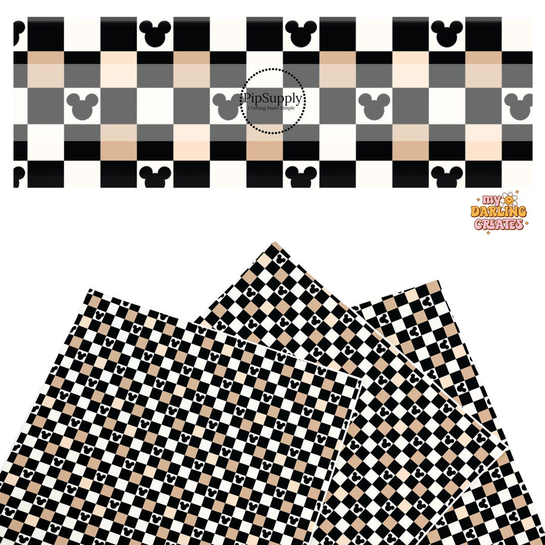 This magical inspired faux leather sheets contain the following design: black, nude and cream checker pattern with mouse ears. Our CPSIA compliant faux leather sheets or rolls can be used for all types of crafting projects.