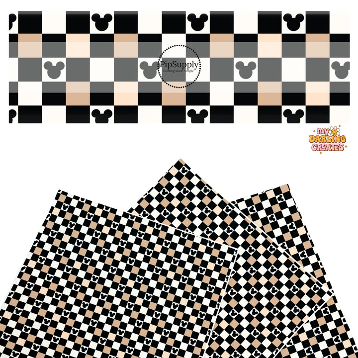 This magical inspired faux leather sheets contain the following design: black, nude and cream checker pattern with mouse ears. Our CPSIA compliant faux leather sheets or rolls can be used for all types of crafting projects.