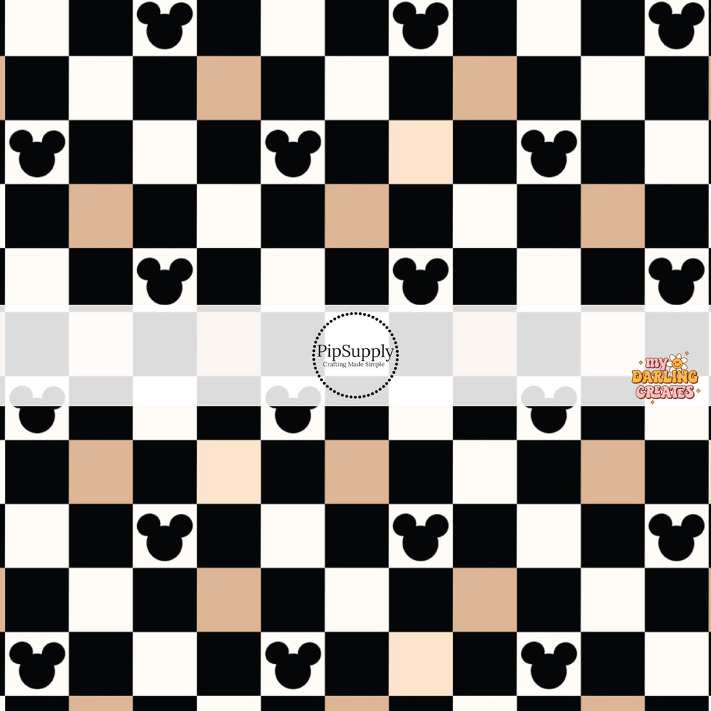 These magical inspired themed no sew bow strips can be easily tied and attached to a clip for a finished hair bow. These fun themed patterned bow strips are great for personal use or to sell. These bow strips feature the following black, nude and cream checker pattern with mouse ears.