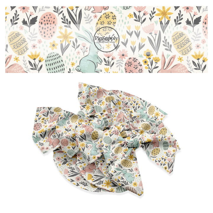 These spring pattern themed no sew bow strips can be easily tied and attached to a clip for a finished hair bow. These patterned bow strips are great for personal use or to sell. These bow strips features light pink and light blue bunnies surrounded by Easter eggs and tiny pastel flowers.