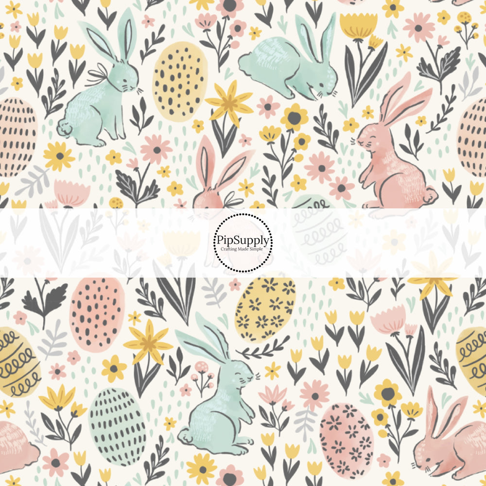 These spring pattern themed no sew bow strips can be easily tied and attached to a clip for a finished hair bow. These patterned bow strips are great for personal use or to sell. These bow strips features light pink and light blue bunnies surrounded by Easter eggs and tiny pastel flowers.