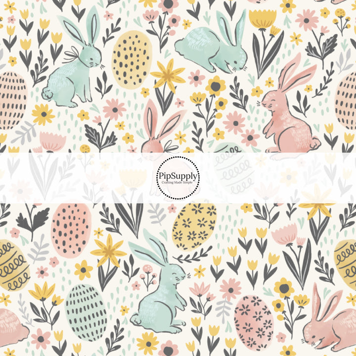 These spring pattern themed no sew bow strips can be easily tied and attached to a clip for a finished hair bow. These patterned bow strips are great for personal use or to sell. These bow strips features light pink and light blue bunnies surrounded by Easter eggs and tiny pastel flowers.