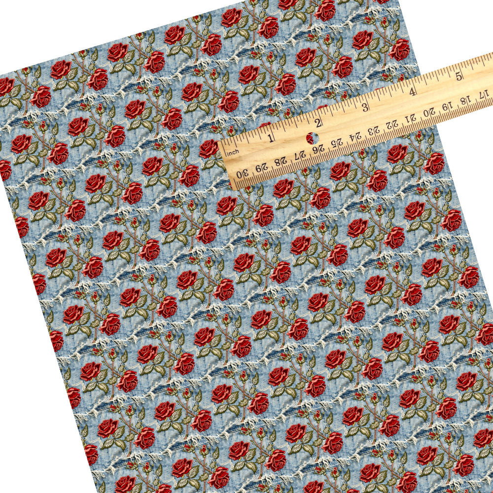 These spring faux leather sheets contain the following design elements: embroidered rose flowers on denim pattern. Our CPSIA compliant faux leather sheets or rolls can be used for all types of crafting projects.