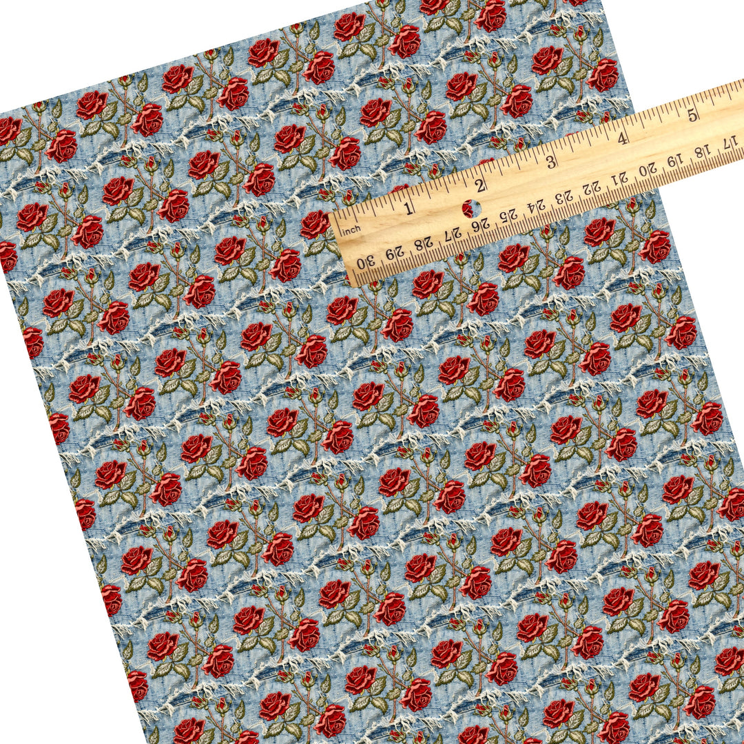 These spring faux leather sheets contain the following design elements: embroidered rose flowers on denim pattern. Our CPSIA compliant faux leather sheets or rolls can be used for all types of crafting projects.