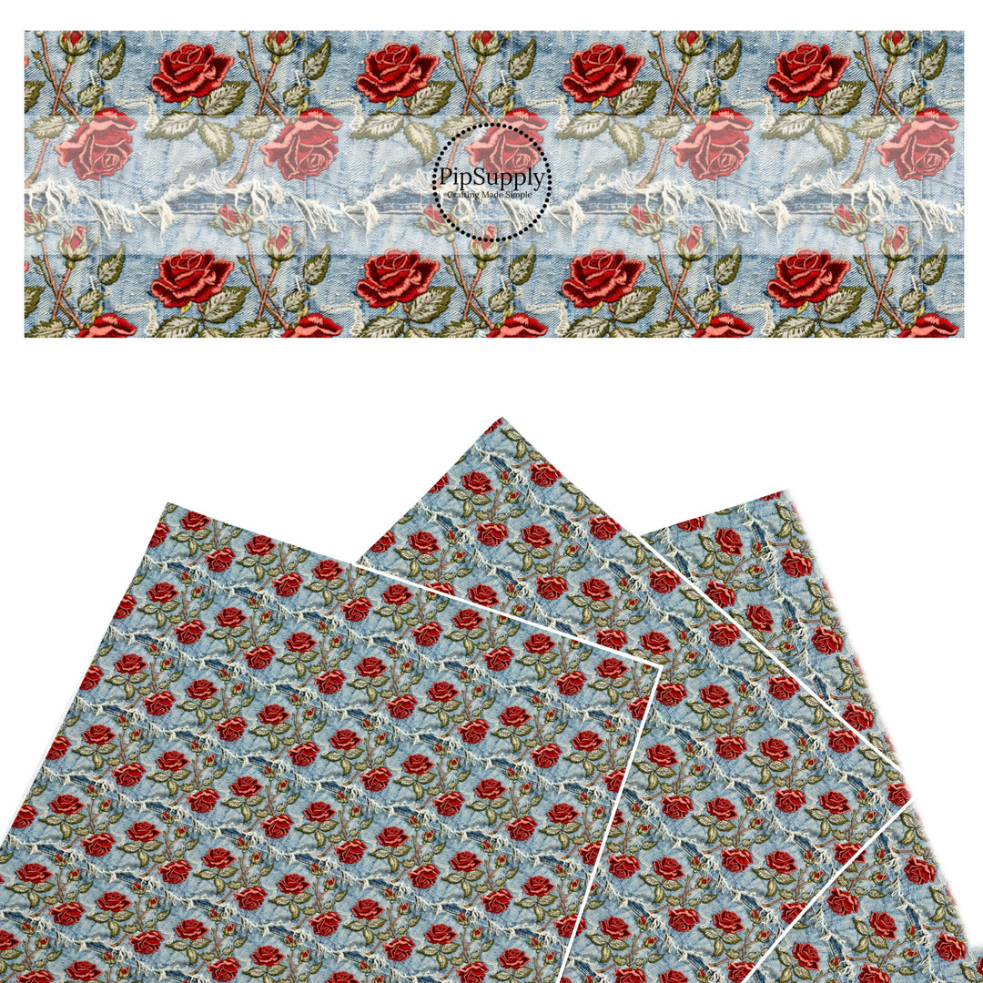 These spring faux leather sheets contain the following design elements: embroidered rose flowers on denim pattern. Our CPSIA compliant faux leather sheets or rolls can be used for all types of crafting projects.