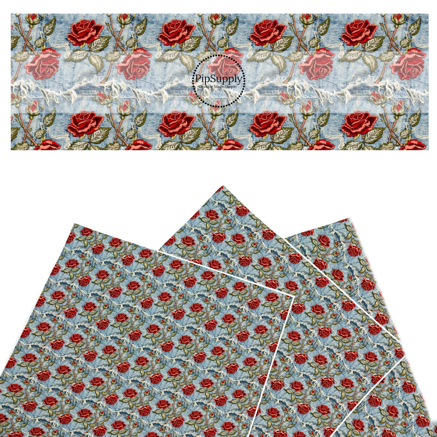 These spring faux leather sheets contain the following design elements: embroidered rose flowers on denim pattern. Our CPSIA compliant faux leather sheets or rolls can be used for all types of crafting projects.