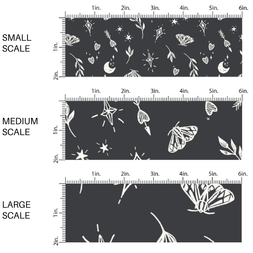 This scale chart of small scale, medium scale, and large scale on these Halloween themed black fabric by the yard features cream leaves, moths, hearts, moons, and stars on black. This fun themed fabric can be used for all your sewing and crafting needs!