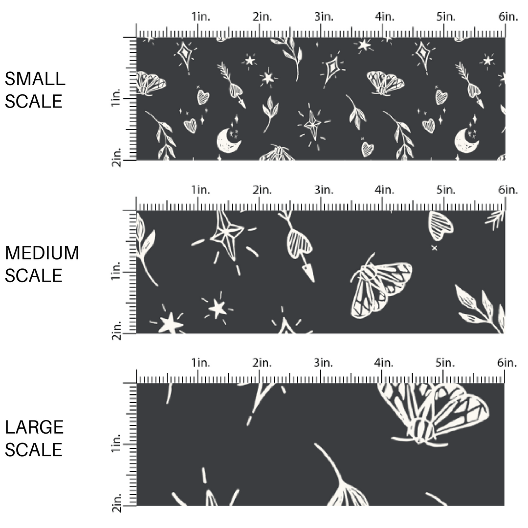 This scale chart of small scale, medium scale, and large scale on these Halloween themed black fabric by the yard features cream leaves, moths, hearts, moons, and stars on black. This fun themed fabric can be used for all your sewing and crafting needs!