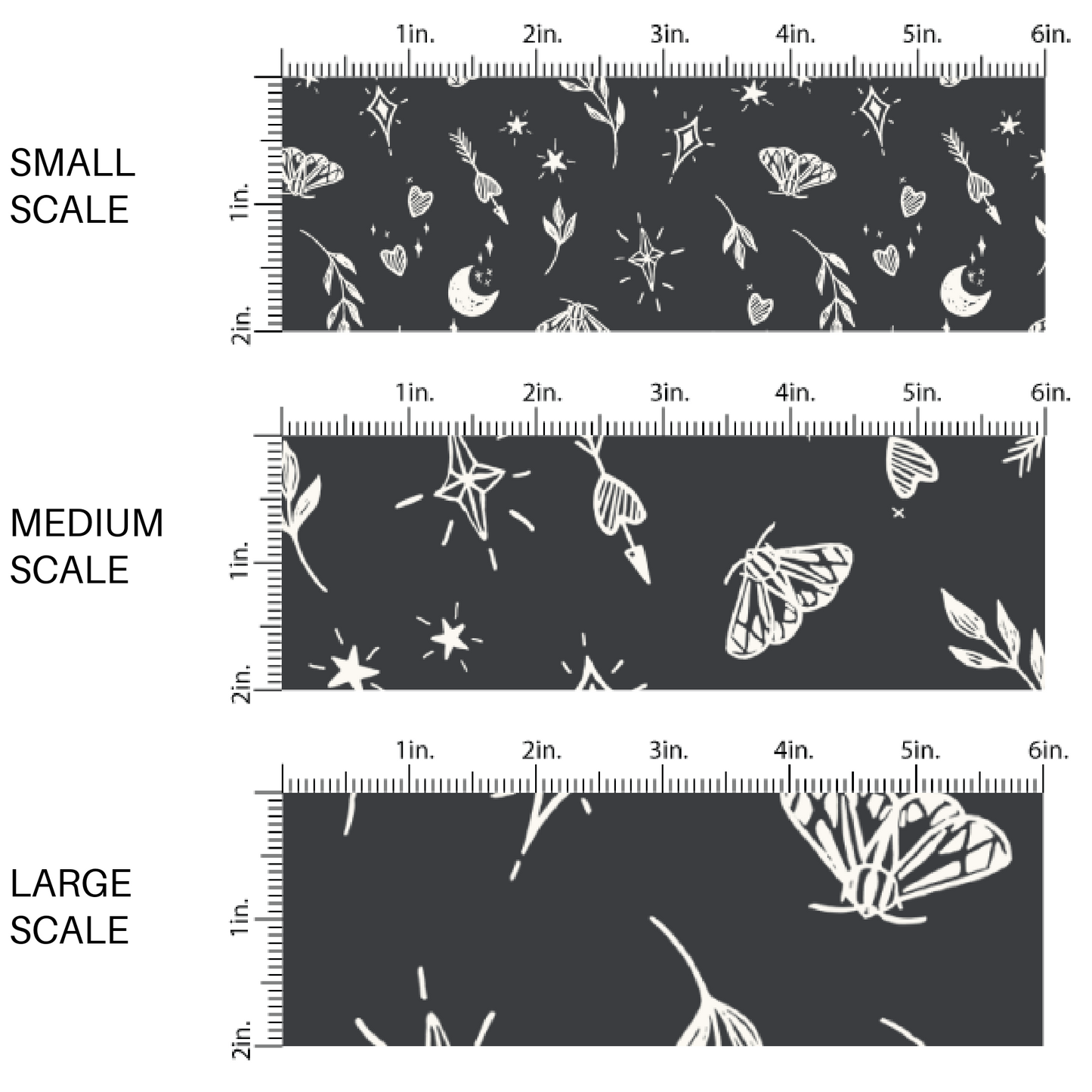 This scale chart of small scale, medium scale, and large scale on these Halloween themed black fabric by the yard features cream leaves, moths, hearts, moons, and stars on black. This fun themed fabric can be used for all your sewing and crafting needs!