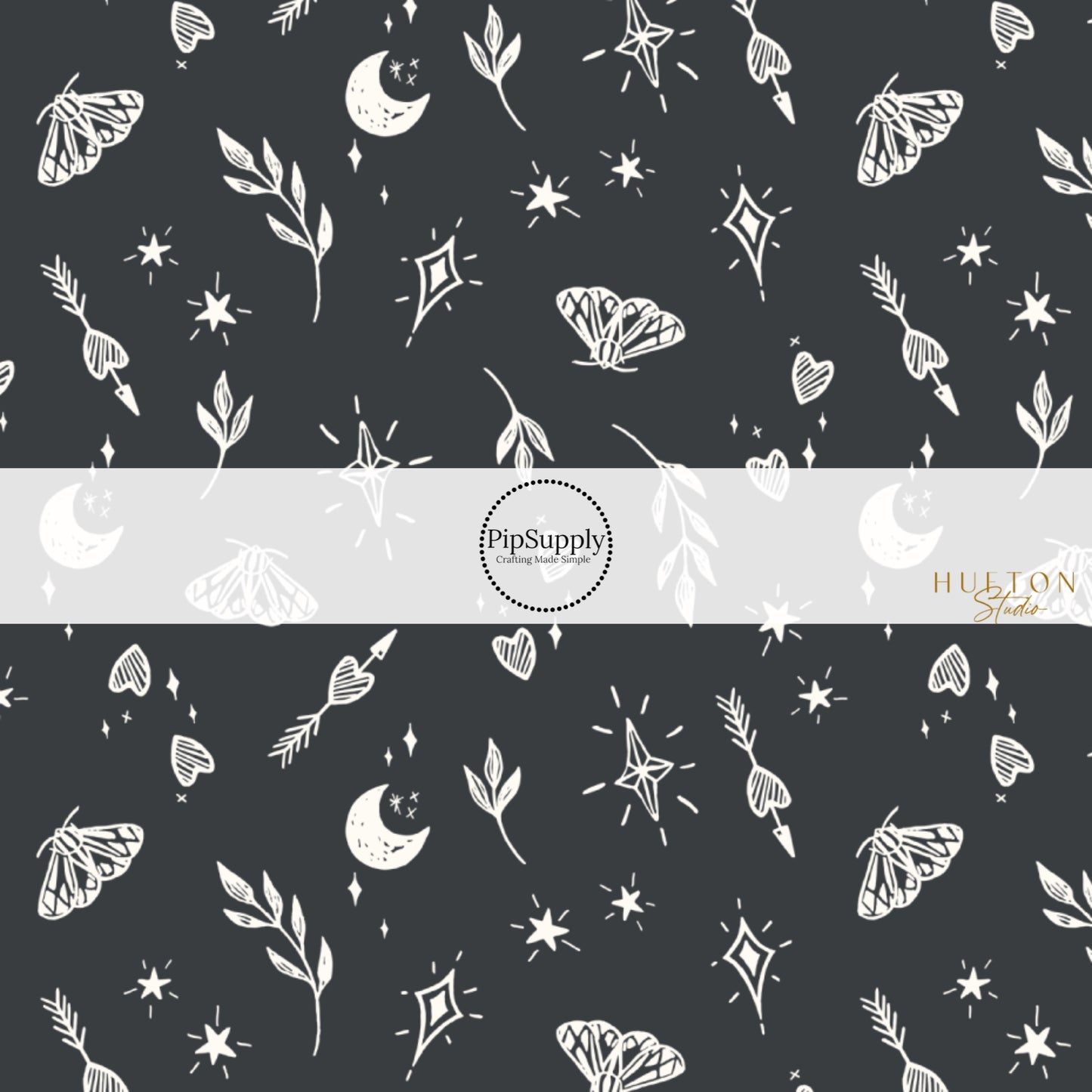 These Halloween themed black fabric by the yard features cream leaves, moths, hearts, moons, and stars on black. This fun themed fabric can be used for all your sewing and crafting needs!