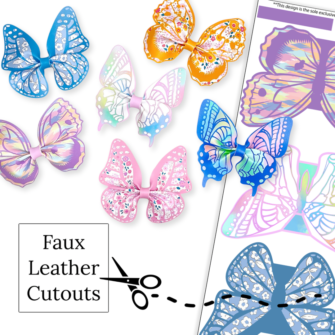 These spring butterfly themed faux leather bow cutouts are ready to cut and assemble for many craft projects. These patterned cutouts can be used to make a hair bow, headband, banner, photo props, scrapbook, party or classroom decorations, bulletin board trim or anything creative!