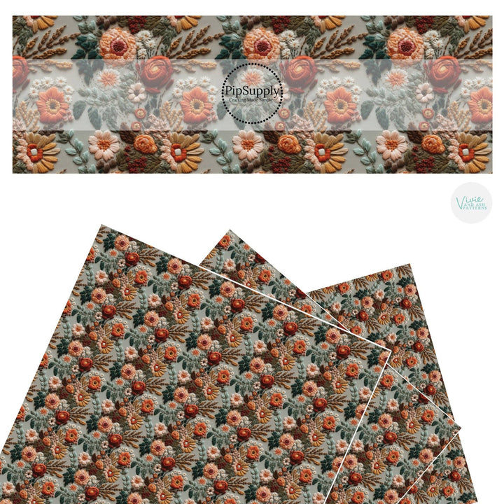 Autumnal Flowers Orange Embroidered Faux Leather Sheets