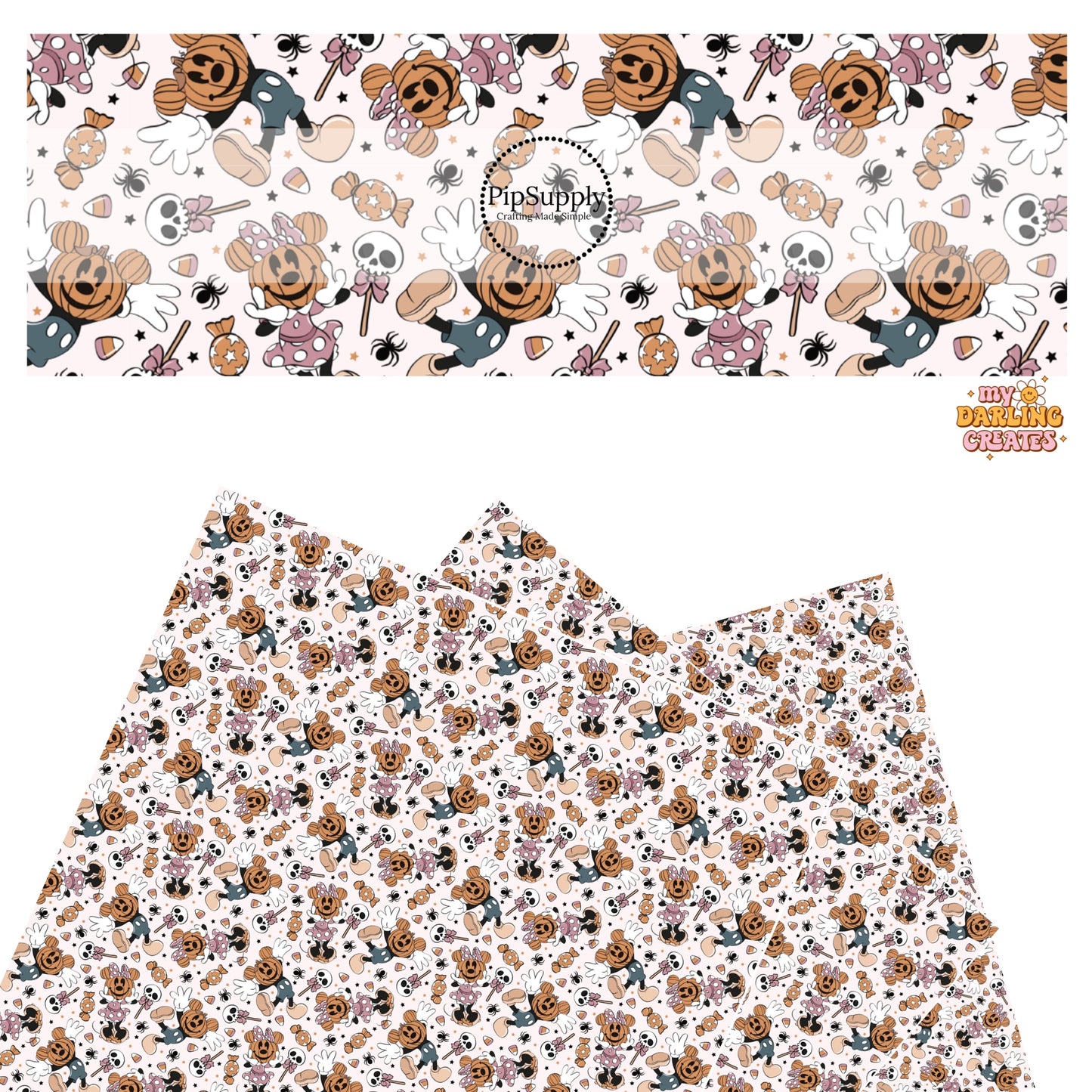 Mouse head pumpkins with candy and spiders faux leather sheets