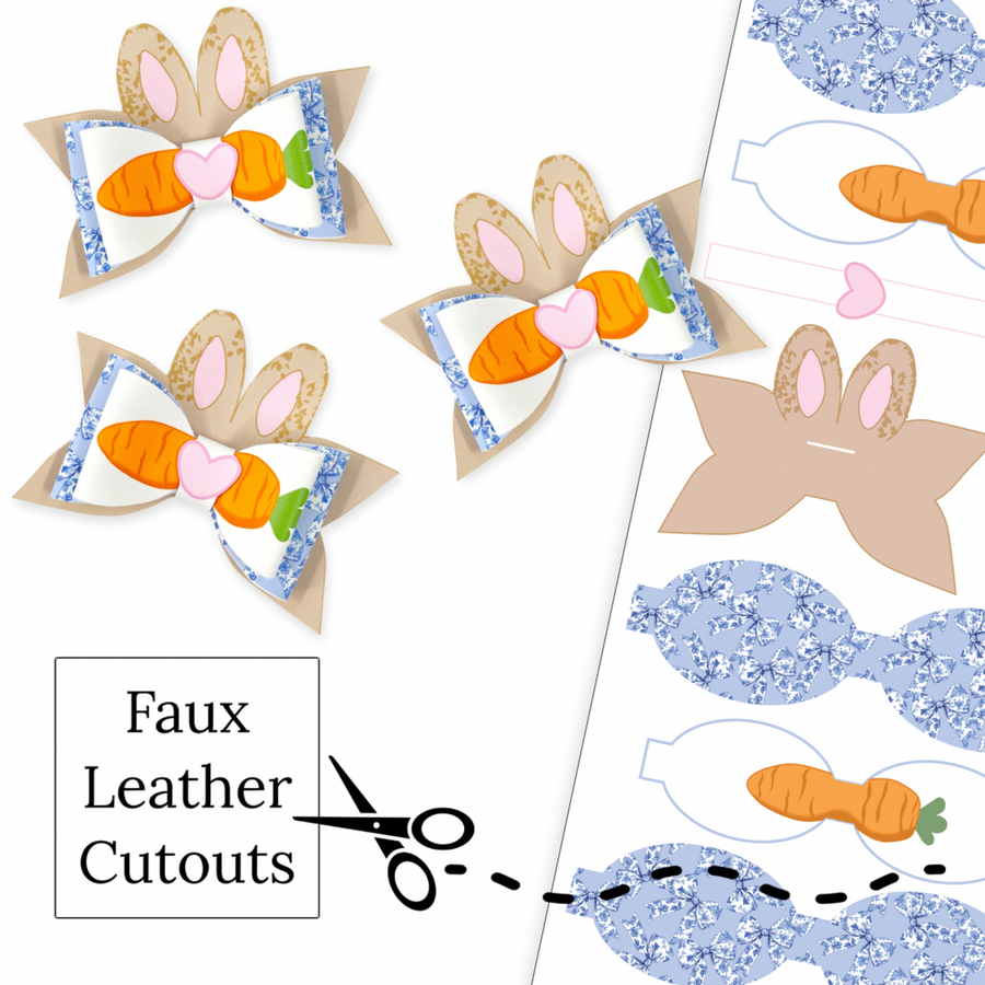 These Easter themed layered faux leather bows Easter bunny ears, floral bows, and carrots are ready to cut and assemble for many craft projects. These patterned cutouts can be used to make a hair bow, headband, banner, photo props, scrapbook, party or classroom decorations, bulletin board trim or anything creative! You will receive one faux leather sheet with varying quantities of cutouts based on your selections.