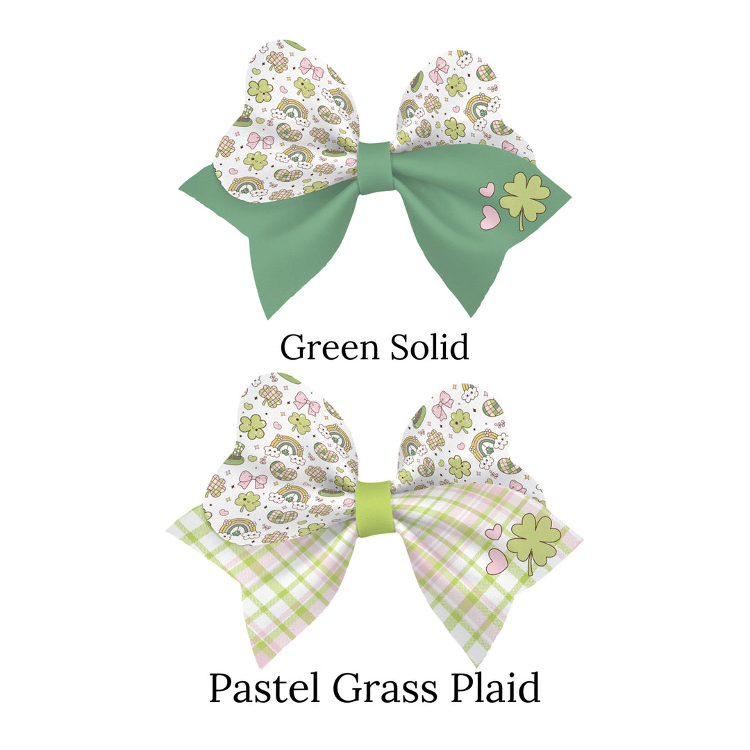 These St. Patty green themed layered faux leather bows with clovers, rainbows, hearts, and bows are ready to cut and assemble for many craft projects. These patterned cutouts can be used to make a hair bow, headband, banner, photo props, scrapbook, party or classroom decorations, bulletin board trim or anything creative! You will receive one faux leather sheet with varying quantities of cutouts based on your selections.