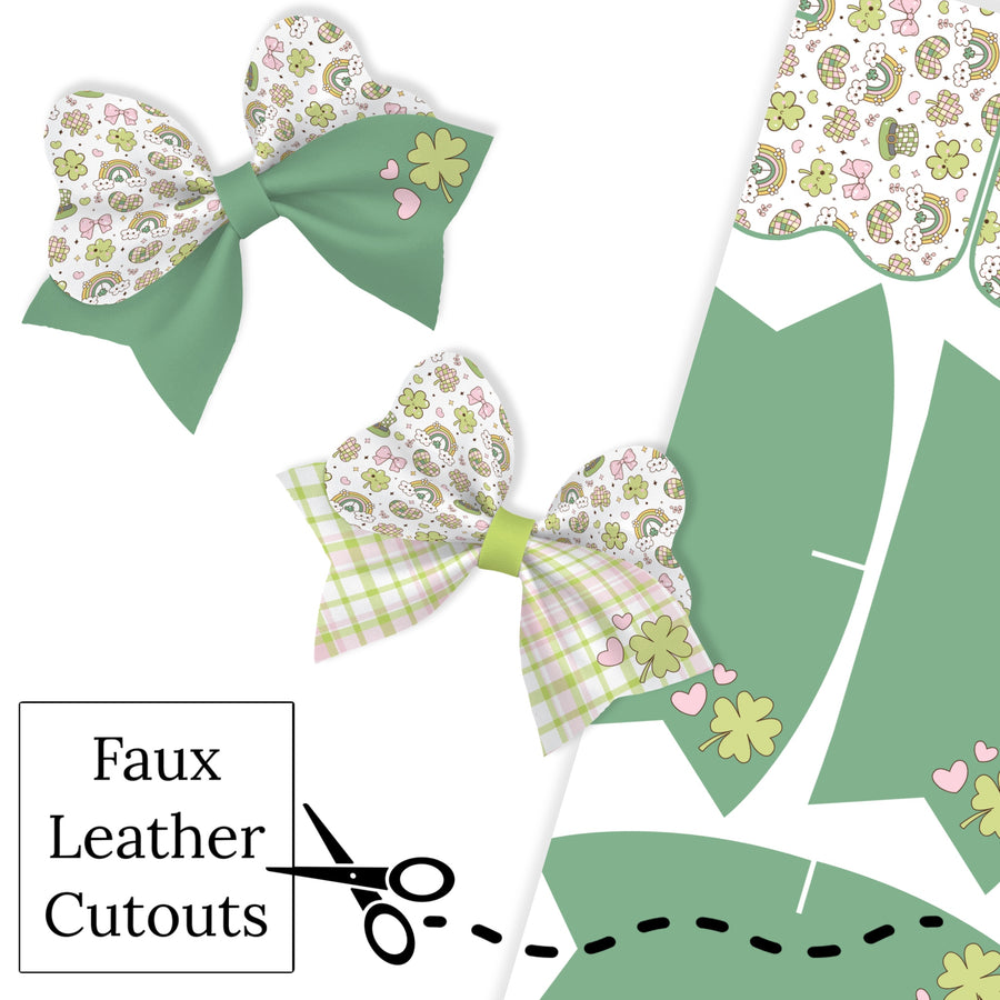 These St. Patty green themed layered faux leather bows with clovers, rainbows, hearts, and bows are ready to cut and assemble for many craft projects. These patterned cutouts can be used to make a hair bow, headband, banner, photo props, scrapbook, party or classroom decorations, bulletin board trim or anything creative! You will receive one faux leather sheet with varying quantities of cutouts based on your selections.
