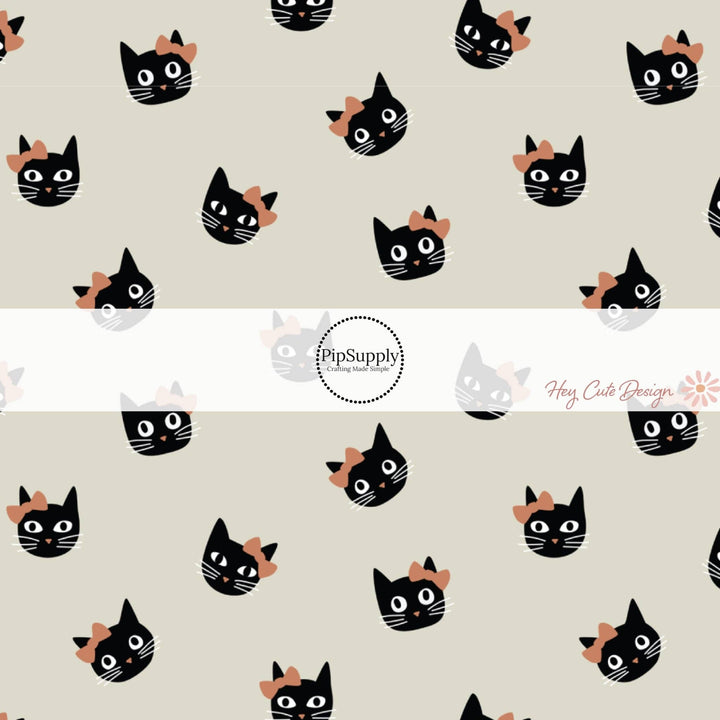Bow Cats on Taupe Fabric By The Yard
