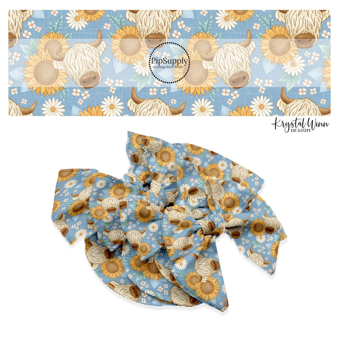 Blue Highland Sunflowers Hair Bow Strips