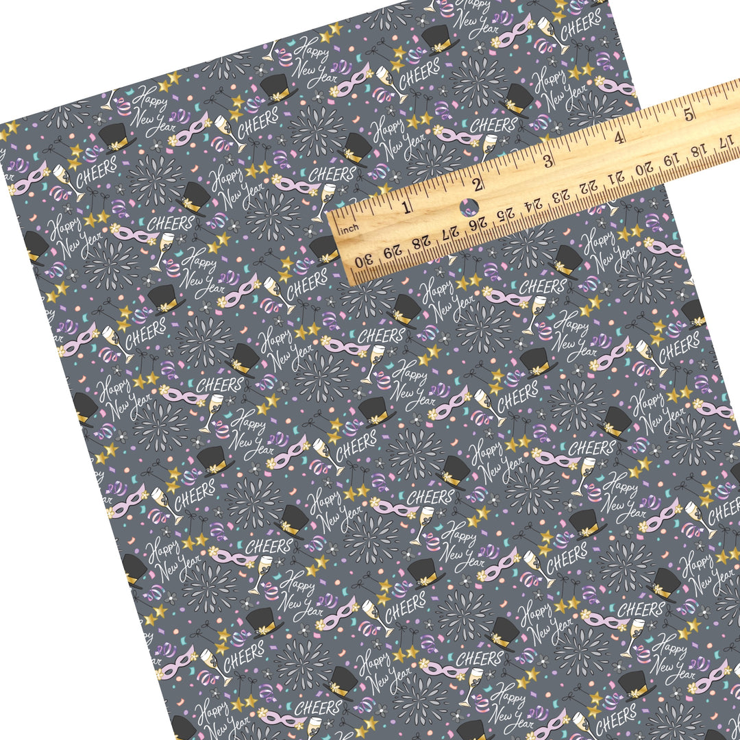 These celebration faux leather sheets contain the following design elements: 2025 Happy New Year pattern. Our CPSIA compliant faux leather sheets or rolls can be used for all types of crafting projects.