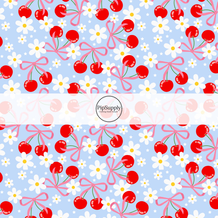 These fruit themed no sew bow strips can be easily tied and attached to a clip for a finished hair bow. These festive bow strips are great for personal use or to sell. These bow strips feature the following design elements: red cherries, bows, and daisies on blue.