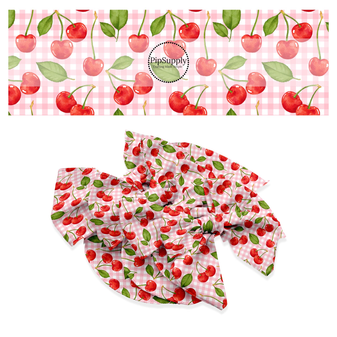 These fruit themed no sew bow strips can be easily tied and attached to a clip for a finished hair bow. These festive bow strips are great for personal use or to sell. These bow strips feature the following design elements: cherries on a pink and white gingham pattern.