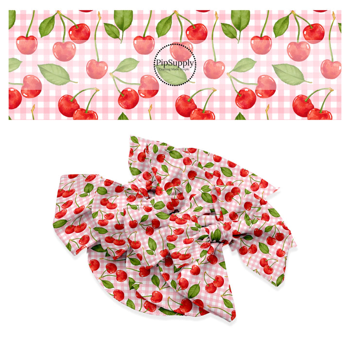 These fruit themed no sew bow strips can be easily tied and attached to a clip for a finished hair bow. These festive bow strips are great for personal use or to sell. These bow strips feature the following design elements: cherries on a pink and white gingham pattern.