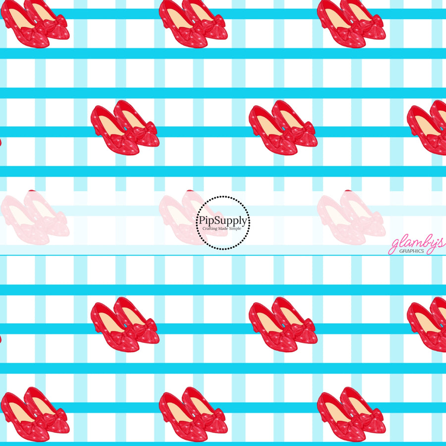 This fun themed fabric by the yard features red heels on blue plaid pattern. This fun pattern fabric can be used for all your sewing and crafting needs!