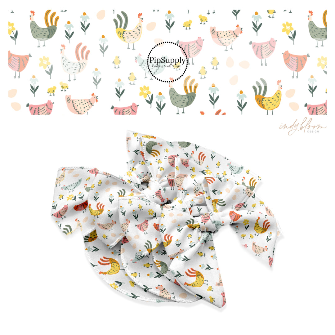These spring pattern themed no sew bow strips can be easily tied and attached to a clip for a finished hair bow. These patterned bow strips are great for personal use or to sell. These bow strips features chickens and small flowers.