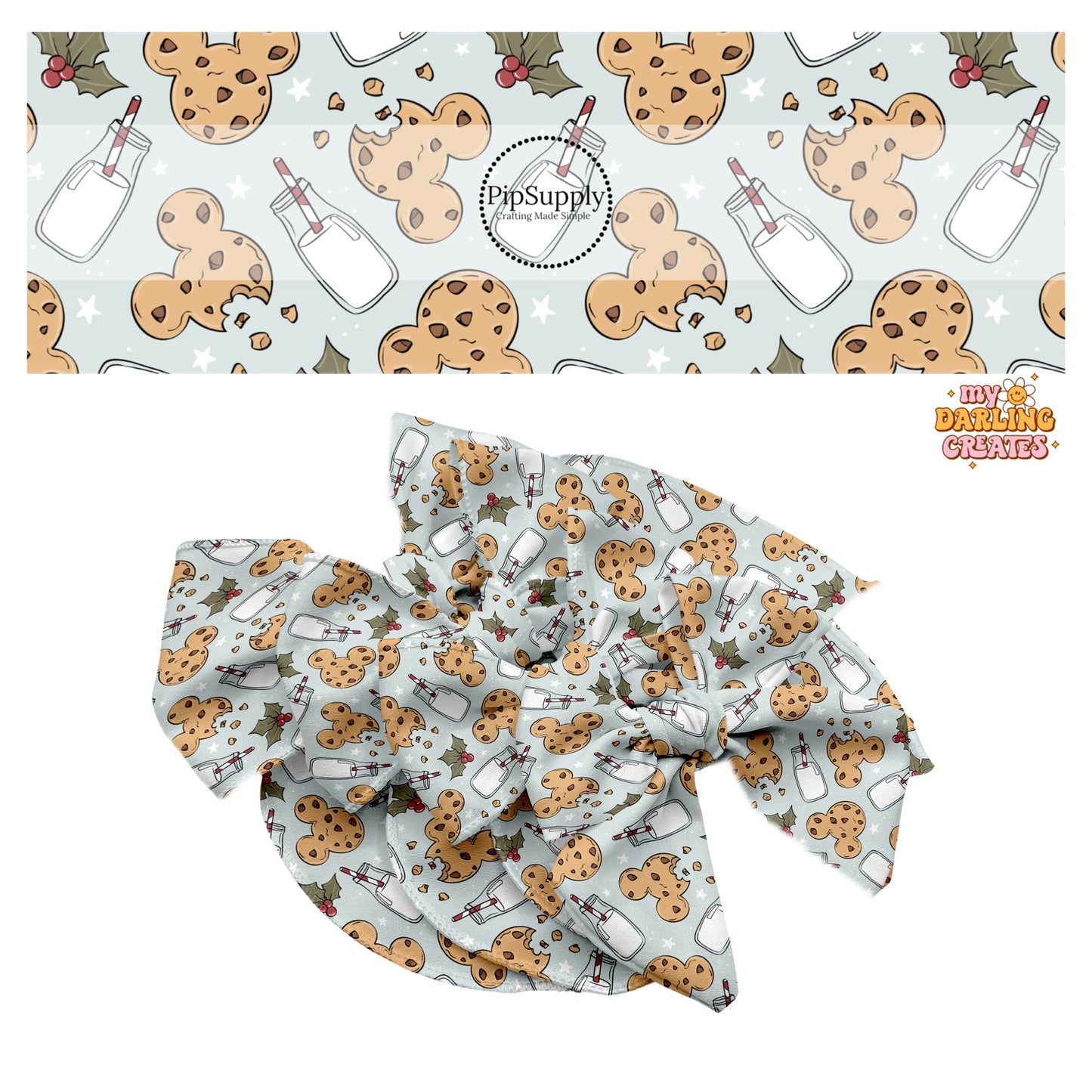 Milk and mouse ear cookies with stars and holly on blue hair bow strips