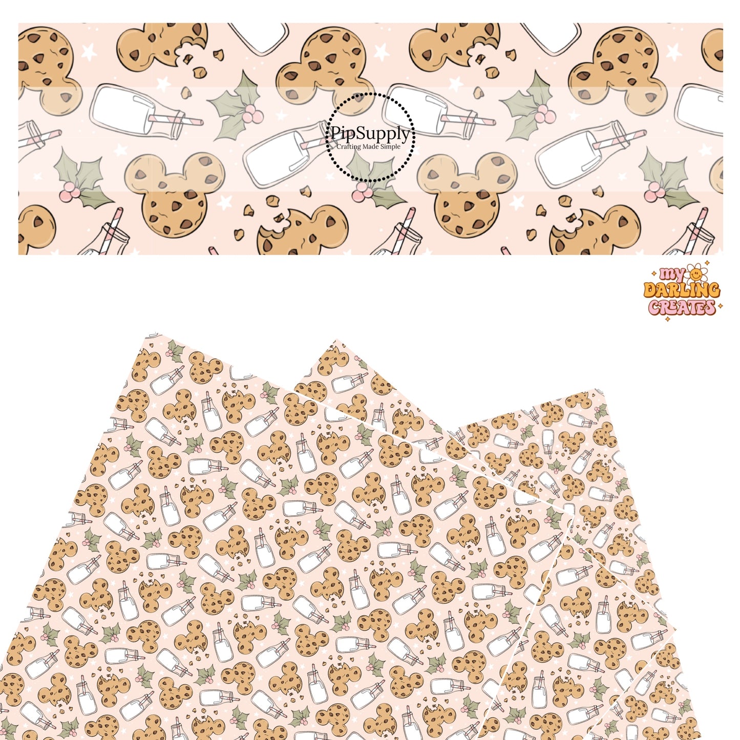 Mouse ear cookies, glass of milk, holly leaves, and stars on pink faux leather sheets