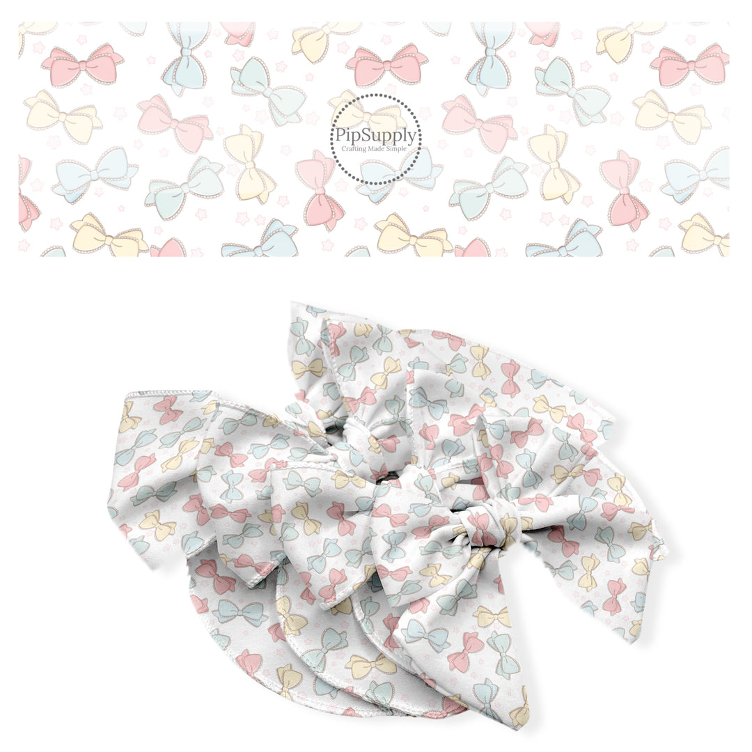 These spring no sew bow strips can be easily tied and attached to a clip for a finished hair bow. These fun bow strips are great for personal use or to sell. These bow strips feature the following design elements: pastel coquette bows.