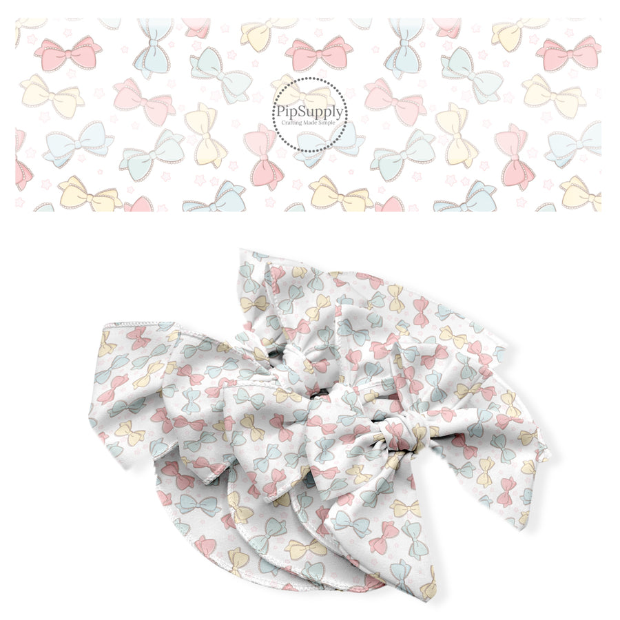 These spring no sew bow strips can be easily tied and attached to a clip for a finished hair bow. These fun bow strips are great for personal use or to sell. These bow strips feature the following design elements: pastel coquette bows.