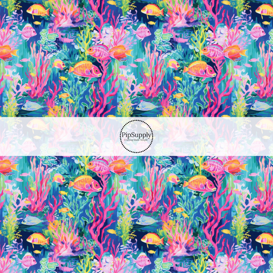 These tropical ocean themed fabric by the yard features glowing jelly fish. This fun pattern fabric can be used for all your sewing and crafting needs!