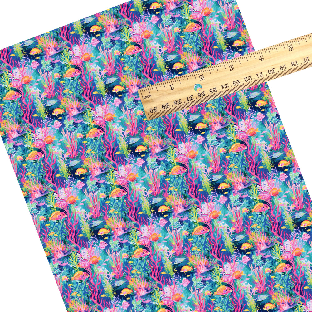 These tropical ocean themed faux leather sheets contain the following design elements: ocean life and coral reef. Our CPSIA compliant faux leather sheets or rolls can be used for all types of crafting projects.