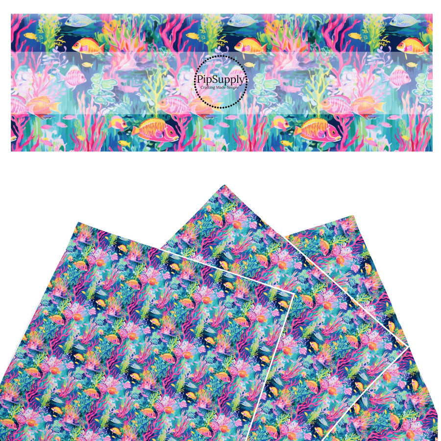 These tropical ocean themed faux leather sheets contain the following design elements: ocean life and coral reef. Our CPSIA compliant faux leather sheets or rolls can be used for all types of crafting projects.