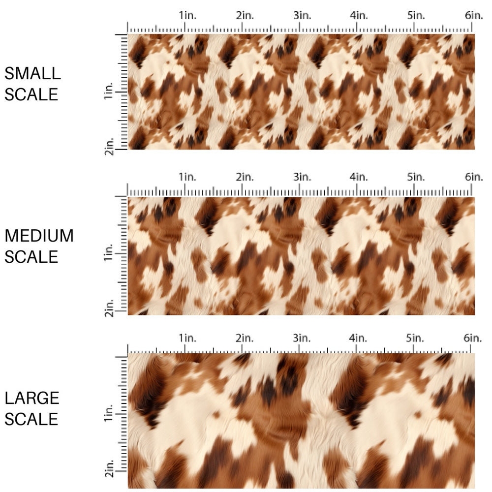 These western fabric by the yard features brown and cream cowhide pattern. This fun pattern fabric can be used for all your sewing and crafting needs!