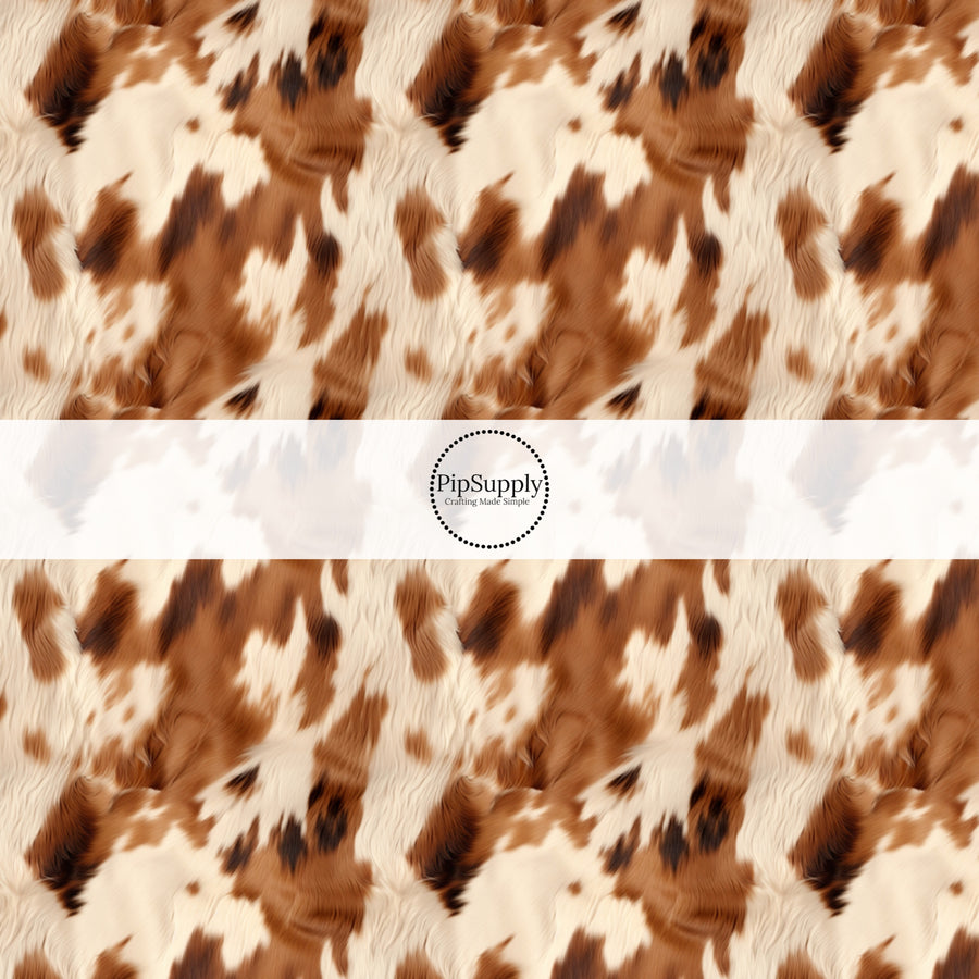 These western fabric by the yard features brown and cream cowhide pattern. This fun pattern fabric can be used for all your sewing and crafting needs!