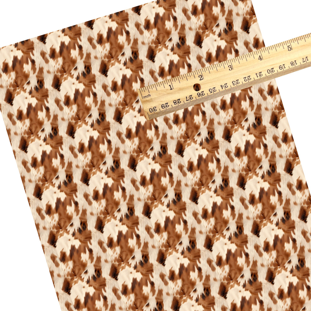 These western faux leather sheets contain the following design elements: brown and cream cowhide pattern. Our CPSIA compliant faux leather sheets or rolls can be used for all types of crafting projects.