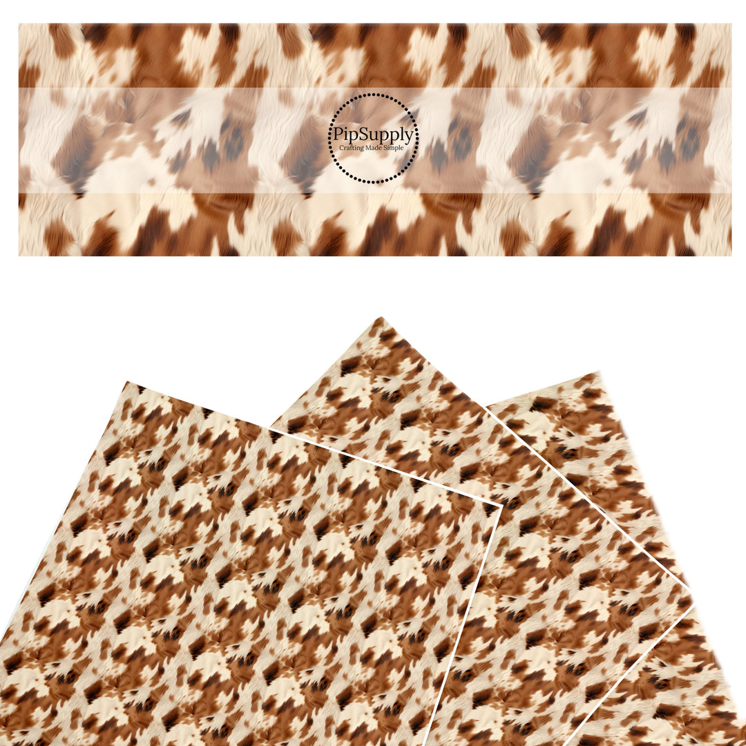 These western faux leather sheets contain the following design elements: brown and cream cowhide pattern. Our CPSIA compliant faux leather sheets or rolls can be used for all types of crafting projects.