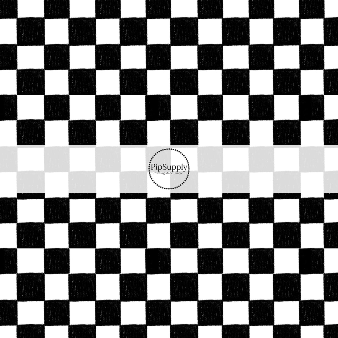 These checker themed fabric by the yard features crayon black and white checker pattern. This fun pattern fabric can be used for all your sewing and crafting needs!
