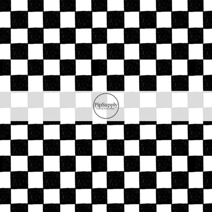 These checker themed fabric by the yard features crayon black and white checker pattern. This fun pattern fabric can be used for all your sewing and crafting needs!