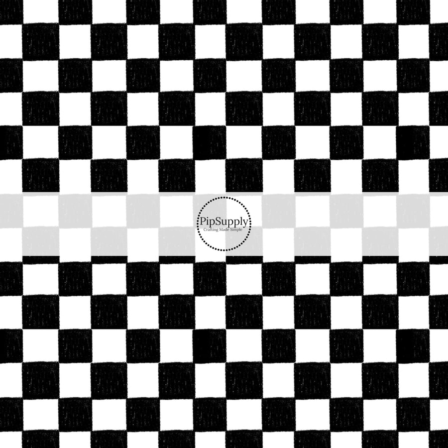 These checker themed fabric by the yard features crayon black and white checker pattern. This fun pattern fabric can be used for all your sewing and crafting needs!