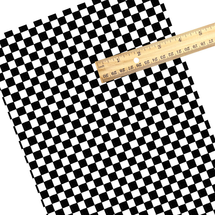 These checker themed faux leather sheets contain the following design elements: crayon black and white checker pattern. Our CPSIA compliant faux leather sheets or rolls can be used for all types of crafting projects.