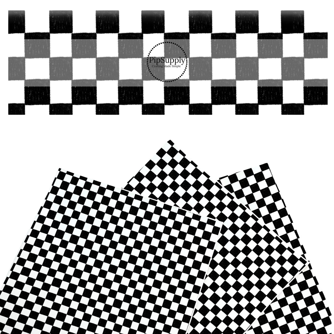 These checker themed faux leather sheets contain the following design elements: crayon black and white checker pattern. Our CPSIA compliant faux leather sheets or rolls can be used for all types of crafting projects.